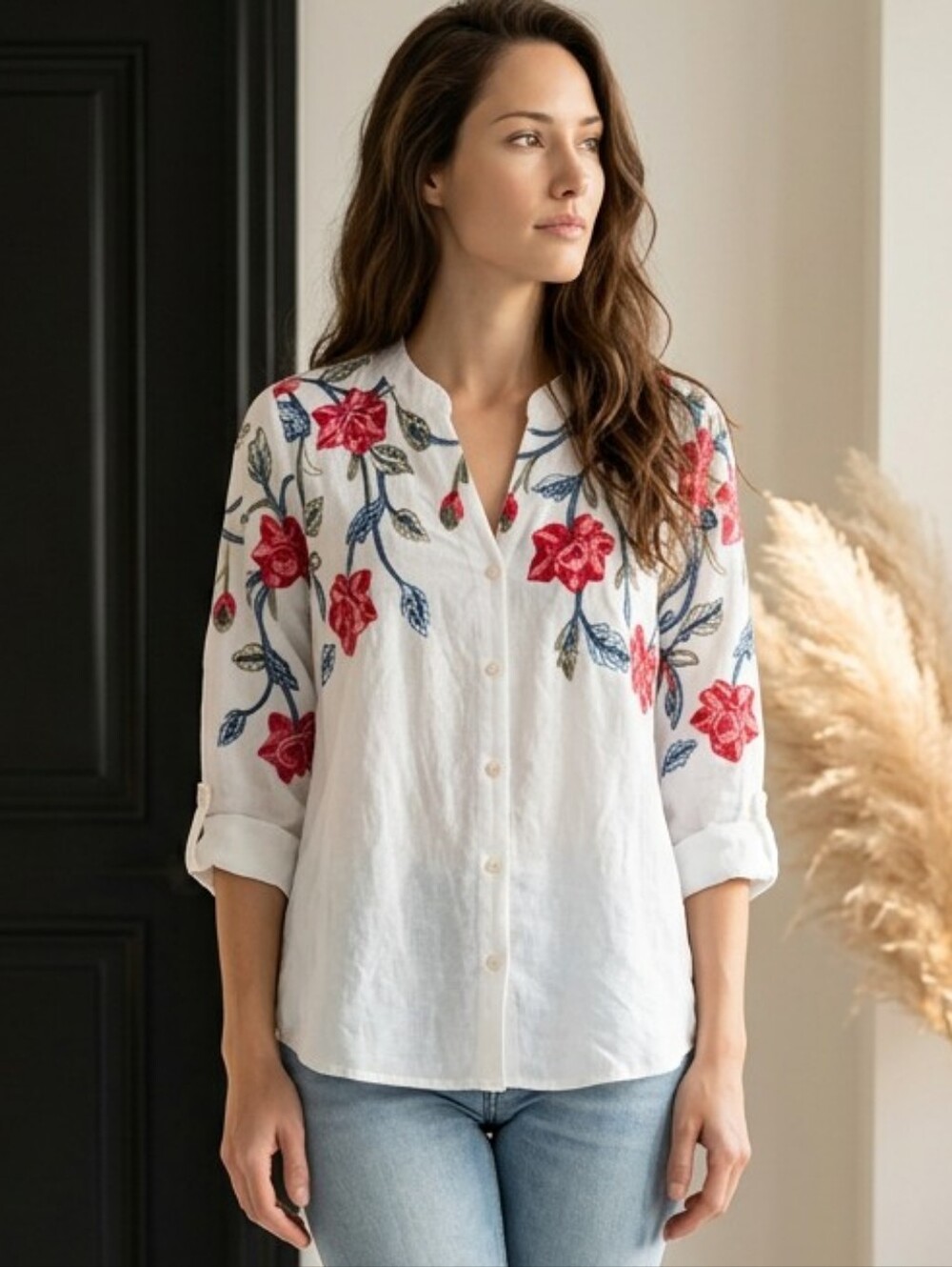 Anthropologie Kindred M White Pink Embroidered Floral 3/4 Sleeve Top Sz L
